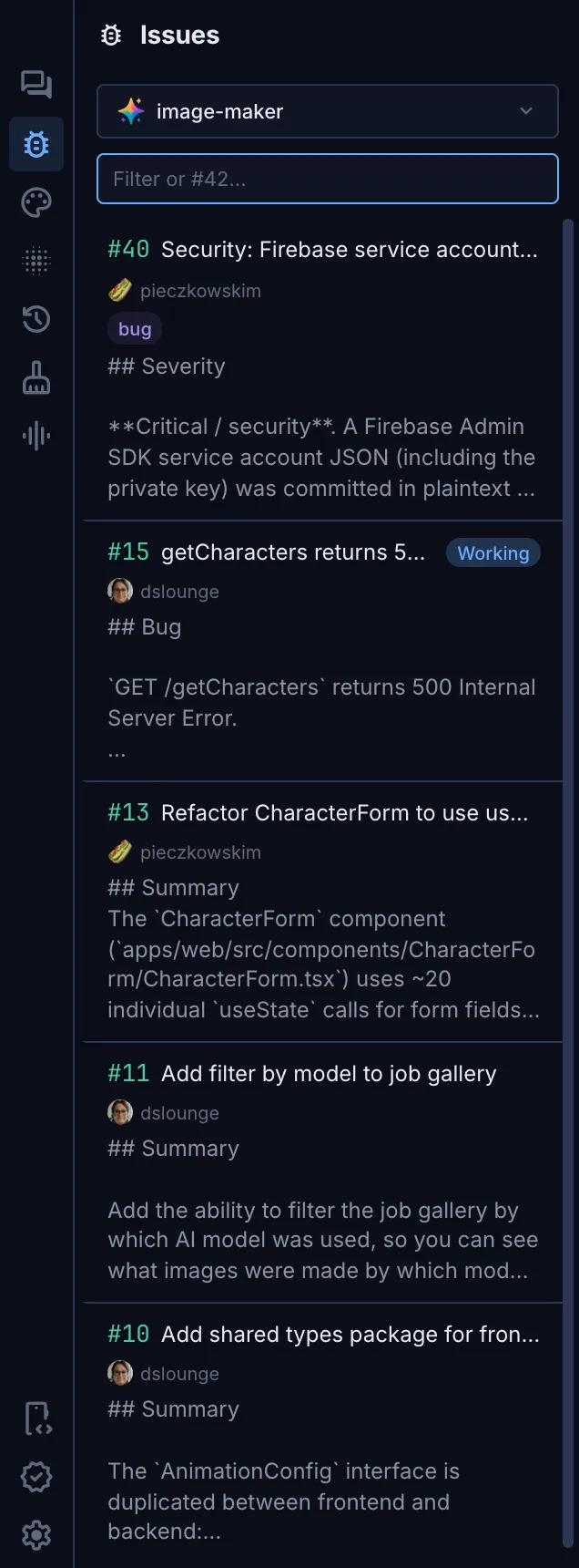 The GitHub Issues panel listing open issues, with an agent already working on one