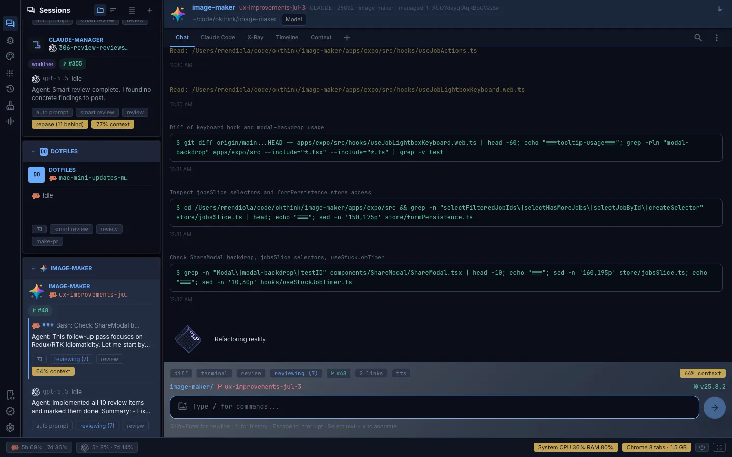 Agent Manager dashboard with the sessions sidebar grouped by project and a live agent session
