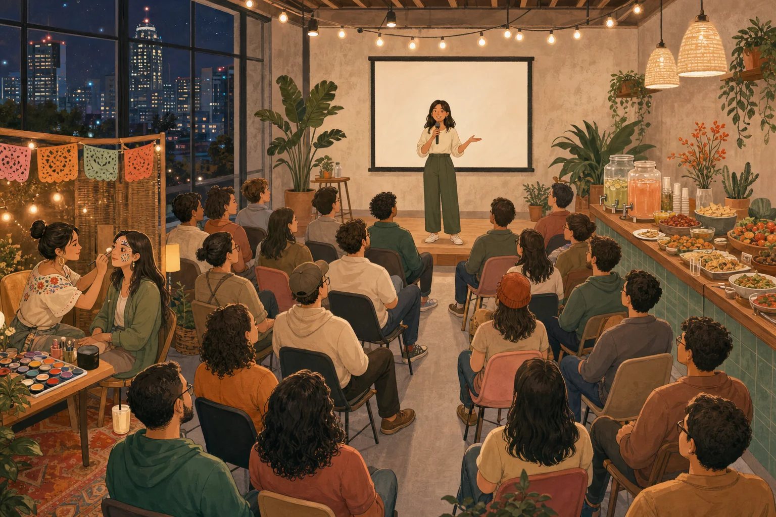 A speaker addressing a seated technology meetup audience in Mexico City, with face painting and food stations along the sides