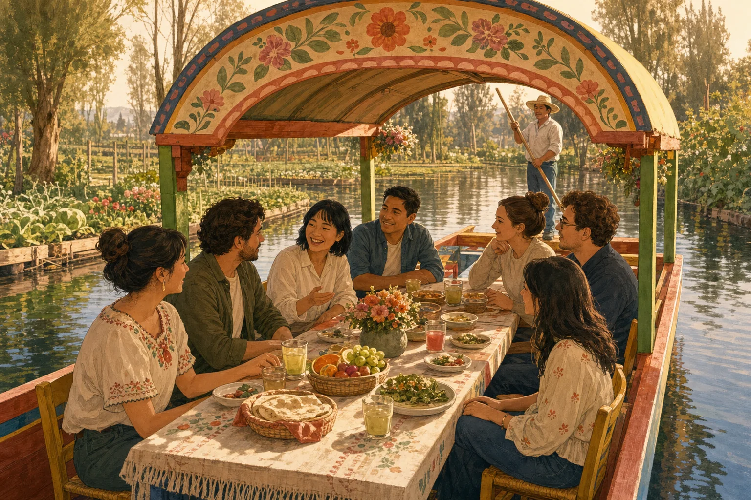 Mexican hosts and visiting technology speakers sharing food and conversation on a trajinera in Xochimilco